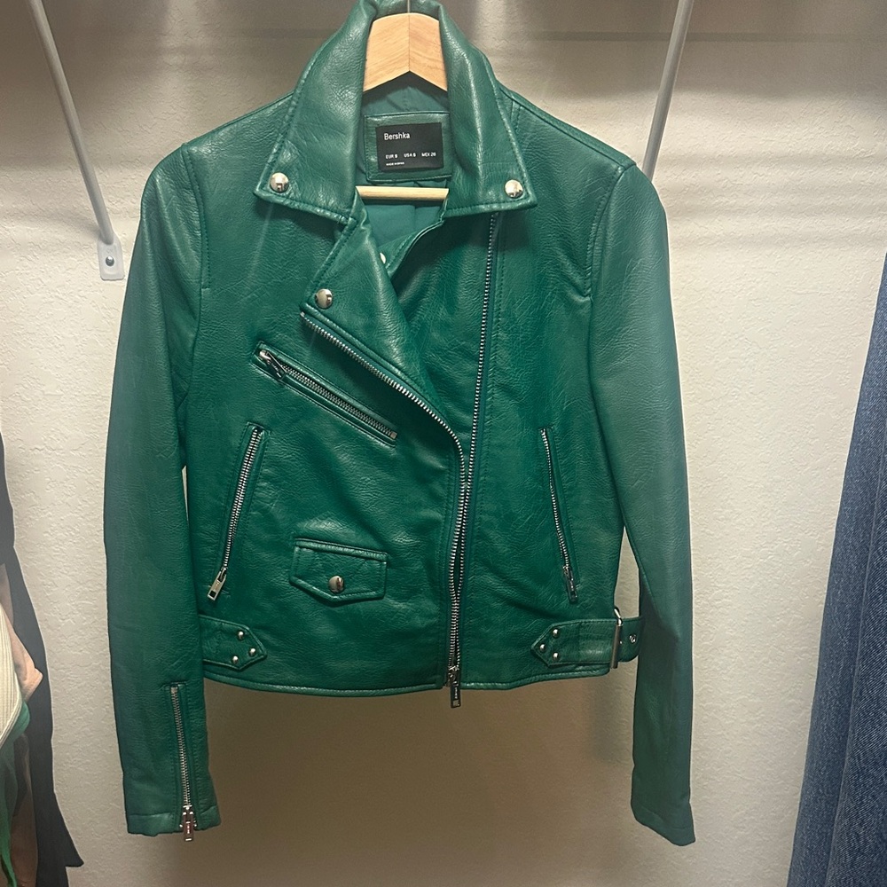 Bershka Green Leather Biker Jacket